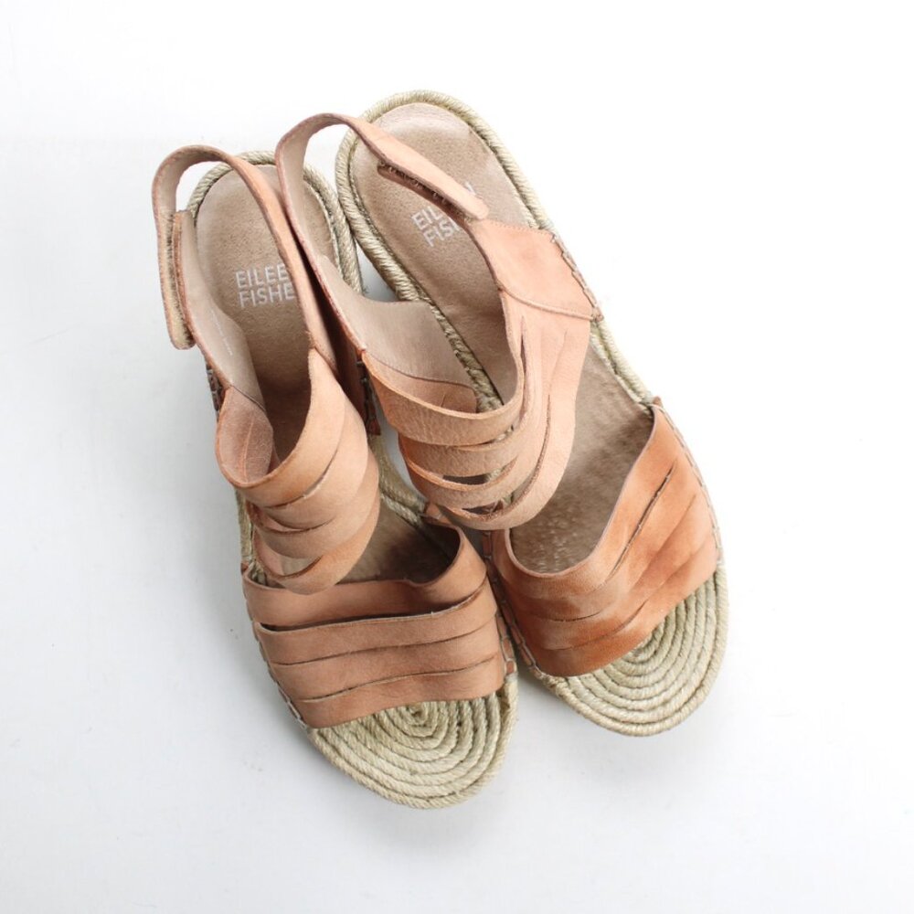 Eileen Fisher Largo Tan Leather Jute Espadrille Wedge Sandal Heels Shoe Size 7 - Picture 5 of 10